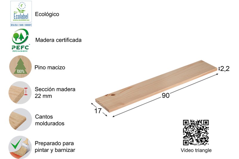 Balda de madera de pino 90x17 cm — Ferretería Luma